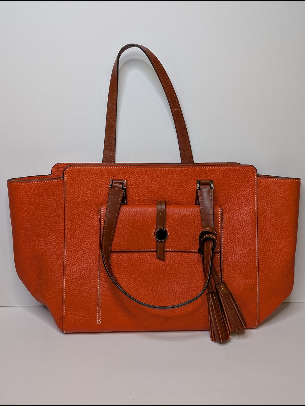 Dooney & Bourke Cambridge Orange Pebble Grain Leather Tote Bag With Tassels